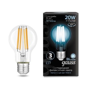 102902220 Лампа Gauss Filament A60 20W 1850lm 4100K E27 LED 1/10/40